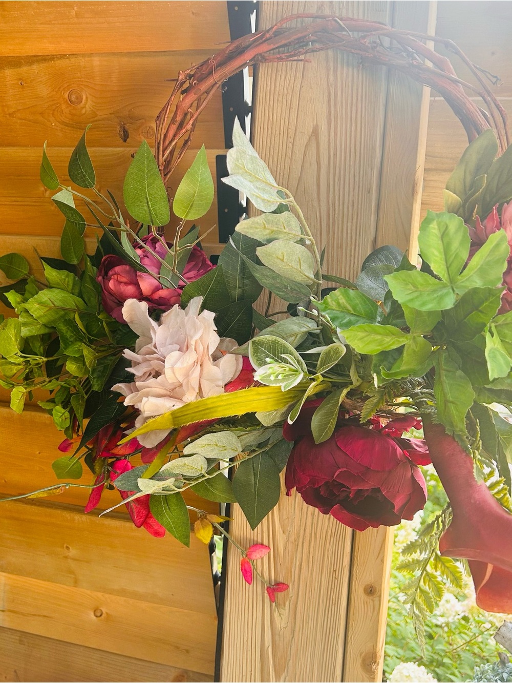 Artificial Floral Grapevine Wreath with Burgundy and Pink Flowers